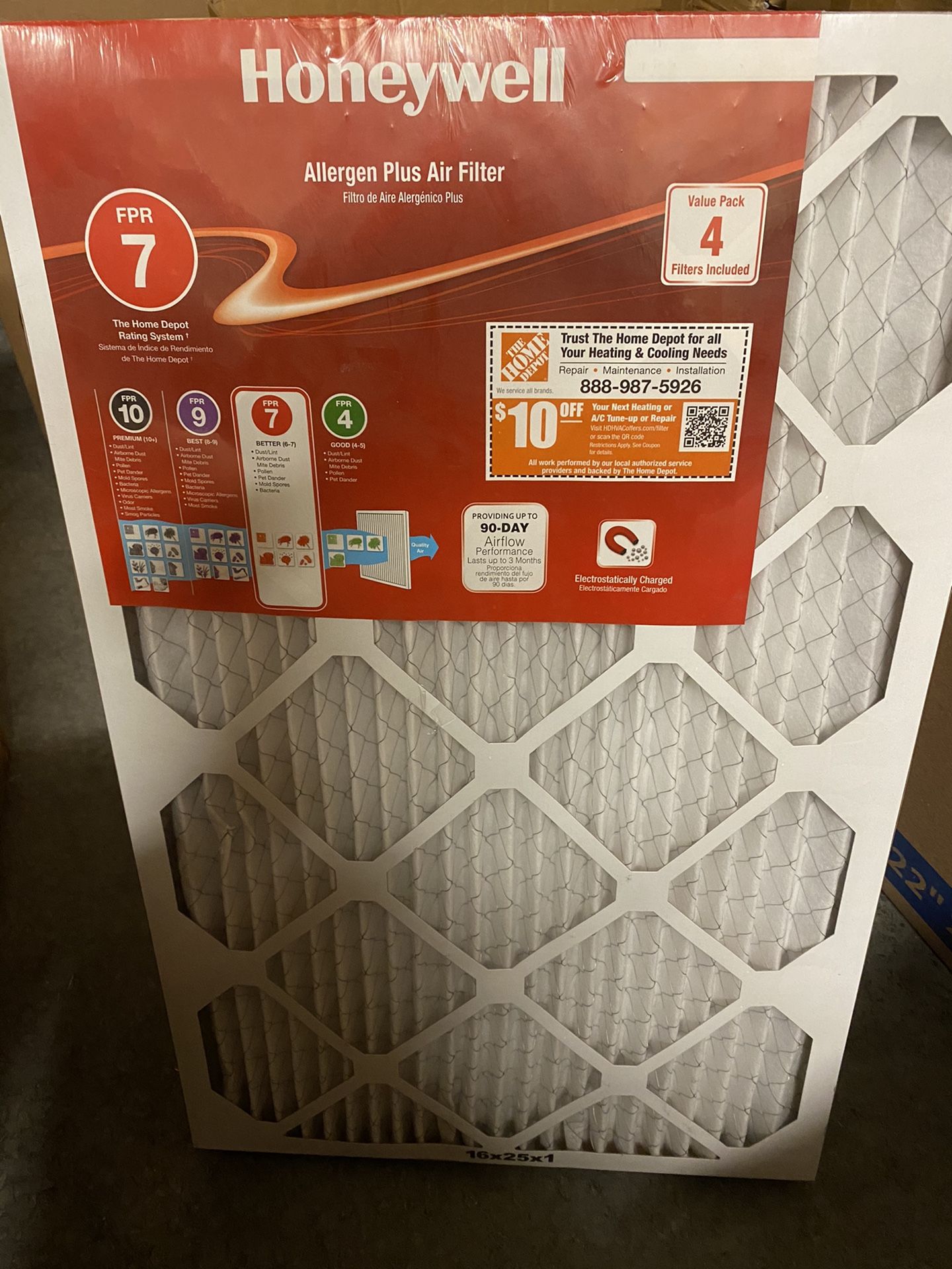 4 Ct, 16 x 25 x 1 Allergen Plus Pleated MERV 11 - FPR 7 Air Filter