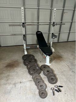 Olympic Squat Rack Weight Bench (Squats on Rear) 255 LBS Olympic Plates, 45 LB Olympic Bar