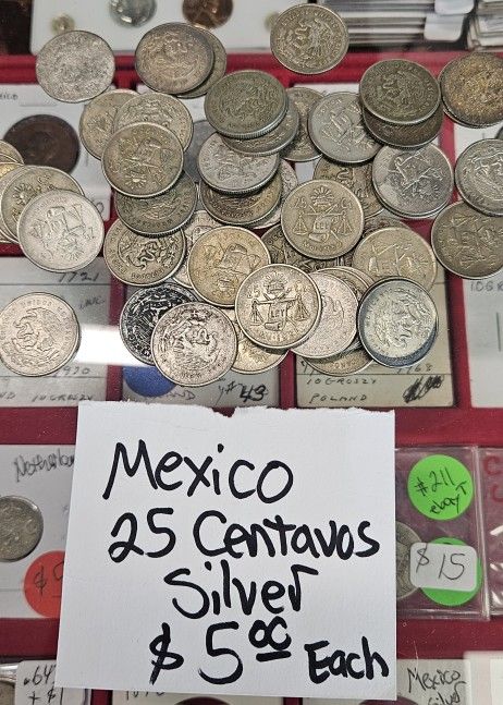 Mexico 25 Centavos Silver Coins $5 Each