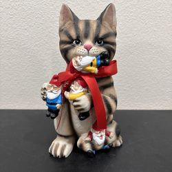 Cat Eating Garden Gnomes Funny 9” Resin Figure Mischievous Cat By Mark & Margot