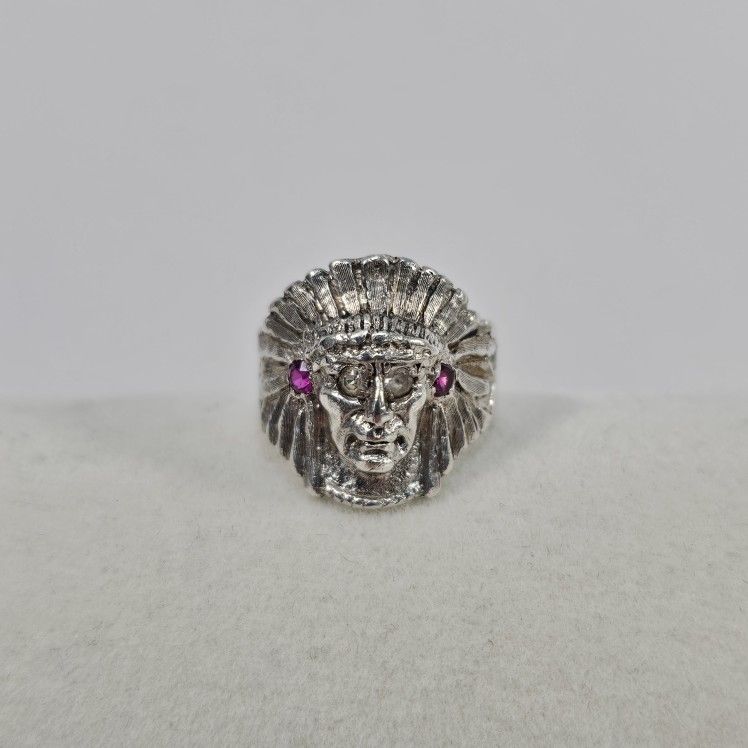 Vintage Sterling Silver Indian Chief Head Ring with Pink Stones, Size 6, 5.45g