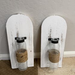 Super Cute Wood Decor With Glass Vases Attached  