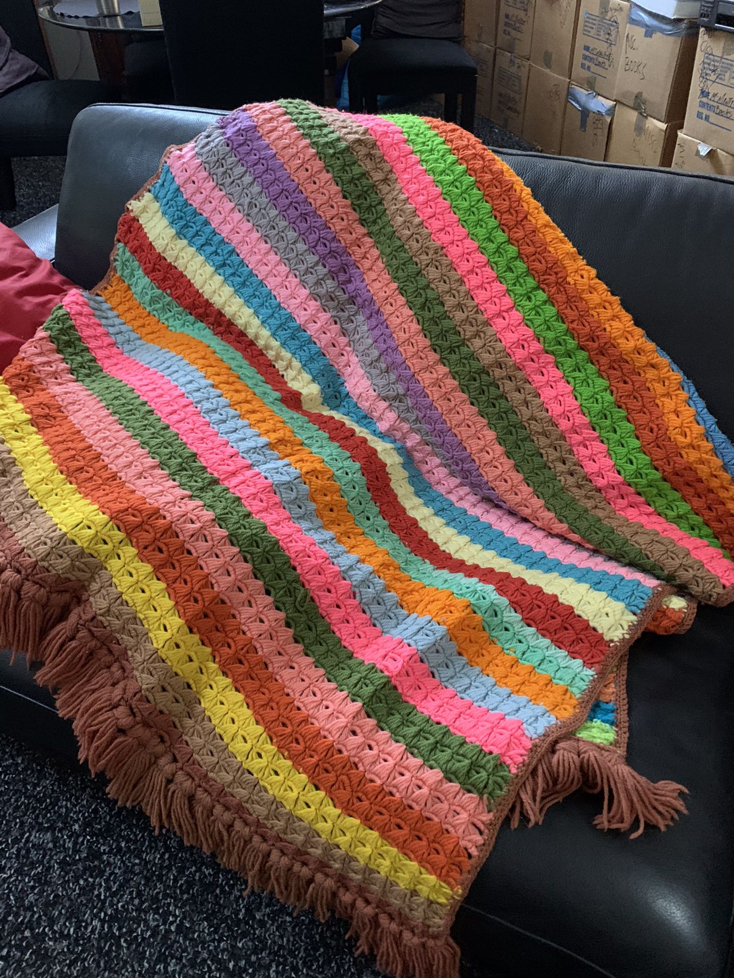 Hand crochet wool throw in stripe pattern 40 in x 80 in with fringe ends