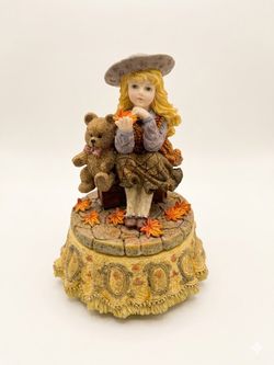 Vintage Autumn Girl & Teddy Bear Rotating Music Box
