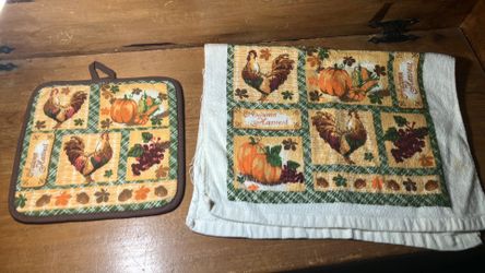 Autumn Harvest Rooster Kitchen Towel and Pot Holder Set