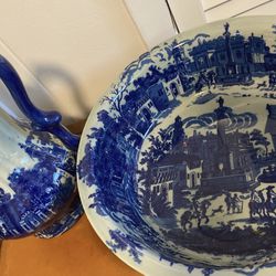 Vintage Large Victoria Ware Ironstone Pitcher And Bowl Blue And Jug And Basin Set Bathroom 