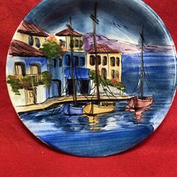 8.25 Inch Handmade Hand Painted Blue Ceramic Wall Hanging Plate Imported From Greece