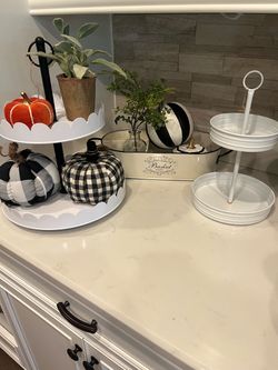 Two-Tier White Metal Scalloped Tray Stand, mini stand, & organizer set