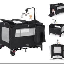 5 in 1 Portable Playard and Bassinet Bedside Sleeper for Newborn to Toddler, Unisex, Black (22)