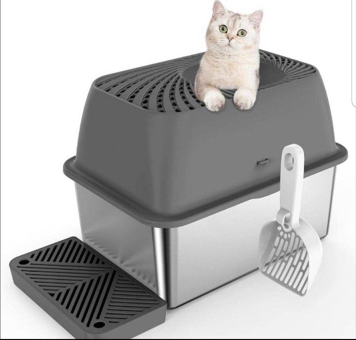 Deep Stainless Steel Litter Box with Lid, Top Entry Cat Litter