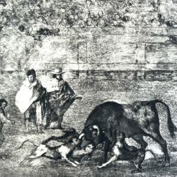 DOGS, BULL, BULLRING Original Vintage Fine Art GOYA Spain Print 1960’s Printed Antique Collectible Spanish Bullfighting Historic Fighting Ring