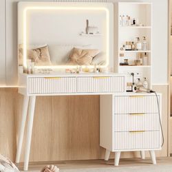 White Vanity Desk with LED Mirror and Storage