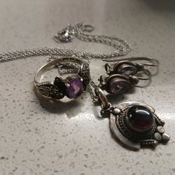Vintage All Amethyst And 925 Silver Matching Ring, Earing And Neclace Set