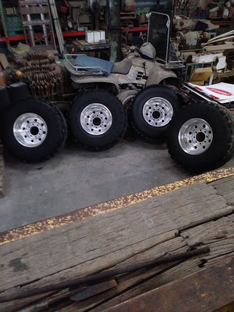 Weld super single 16.5x10 bolt patern 8 lugs by 170 mm super swamper radial tsl it's got 3 of them and 1 radial all terrain t/a