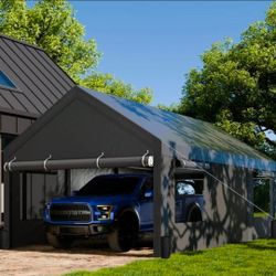 12x20ft Carport, Reinforced Steel Poles with Removable Sidewalls and Doors, Roll-Up Windows
