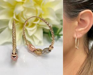 14K Tri-Tone Gold Diamond-Cut Endless Hoop Earrings – Rose, White & Yellow 18 kGold Accent