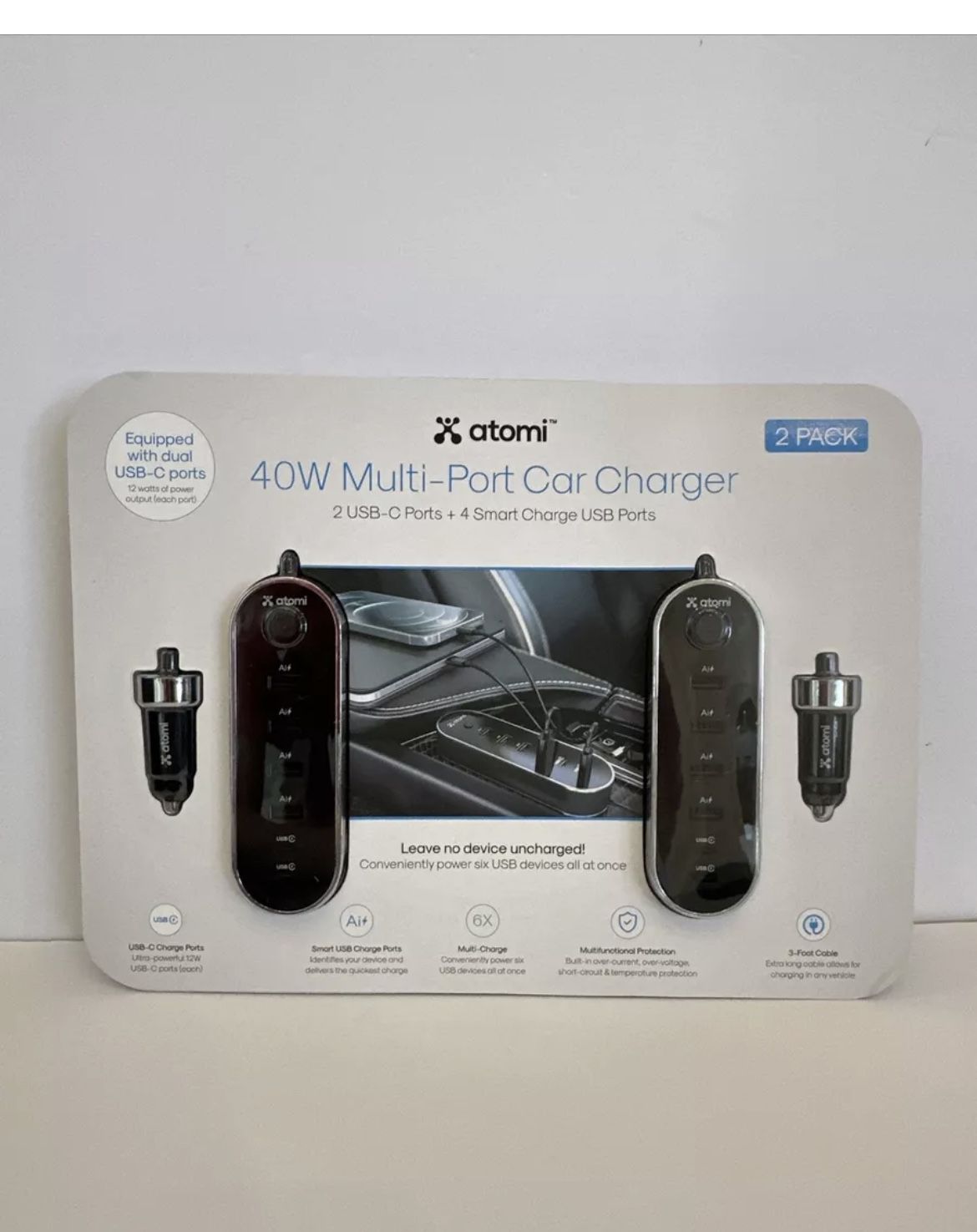 2 PACK Atomi 40W Multi-Port Car Charger 2 USB-C Ports + 4 Smart USB Ports