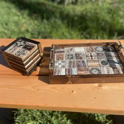  Handcrafted Wood & Tile Tray + 4 Coaster Set ✨