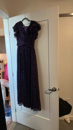 Floor length glamour dress with shoes and sparking earrings and coil bracelet with purple beads