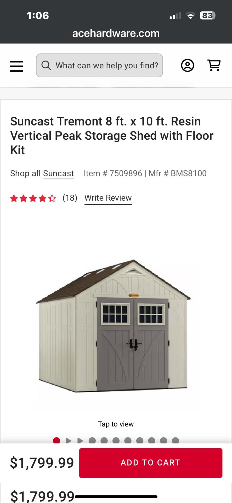 Suncast Tremont 8 ft. x 10 ft. Resin Vertical Peak Storage Shed with Floor Kit