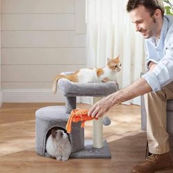 Cat Tree, Cat Tower with Sisal-Covered Scratching Post, Cat Condo with Padded Perch, Light Gray