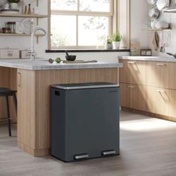   Trash Can, 2 x 8 Gallon (2 x 30 L) Garbage Can for Kitchen, , 2 Compartments, Plastic Inner Buckets and Hinged Lids, Airtight, Gray 