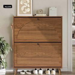 Shoe Storage Cabinet for Entryway with 2 Flip Drawers, Narrow Wood Shoe Cabinet with Fluted Panel, Freestanding Hidden Shoe Organizer for Foyer, Hallw