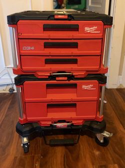Milwaukee PACKOUT 5-Drawer Mobile Tool Storage Set (3-Drawer + 2-Drawer) w/ Dolly, Folding Cart & New Drawer Dividers