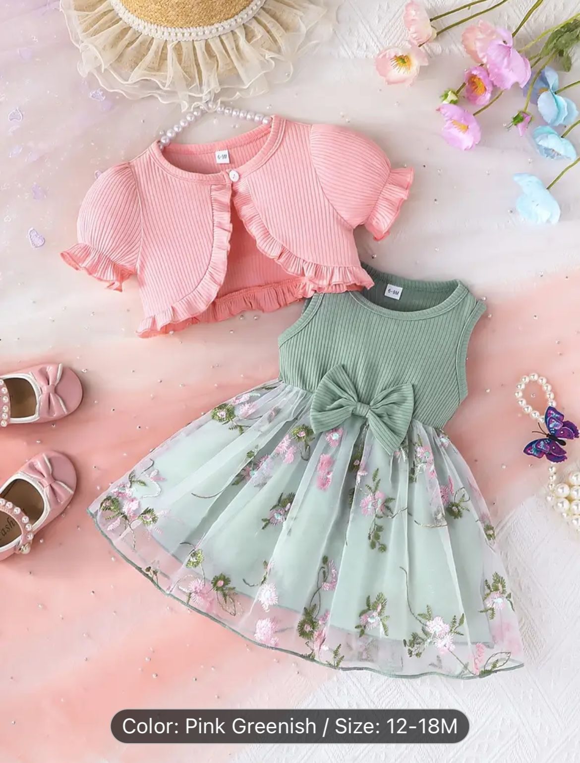 Brand New Charming Girls' Pink Cardigan with Ruffled Sleeves & Floral Mesh Dress Set