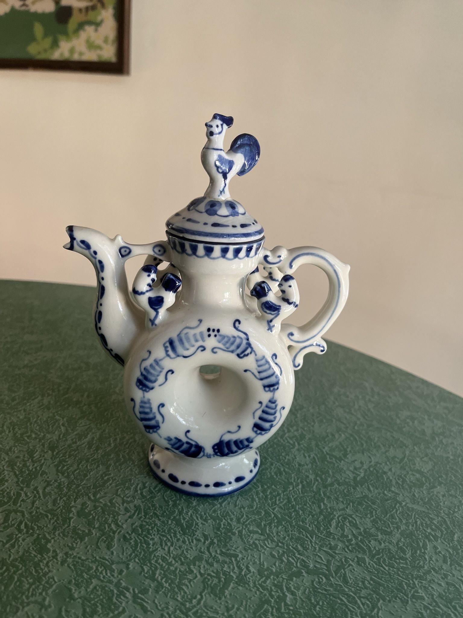 Traditional Vintage Blue and White Rooster Russian Kvass Specialty Tea Pot
