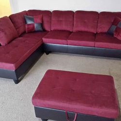 Red Microfiber Sectional Couch And Ottoman