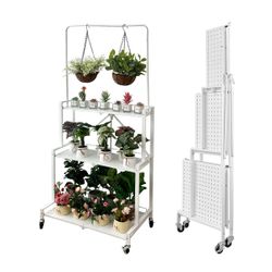 Lumizone Foldable 4-Tier Plant Stand Indoor Outdoor Hanging Plant Shelf No Assembly Required Pot Placement Area With Wheels Sturdy Fall Prevention Sto