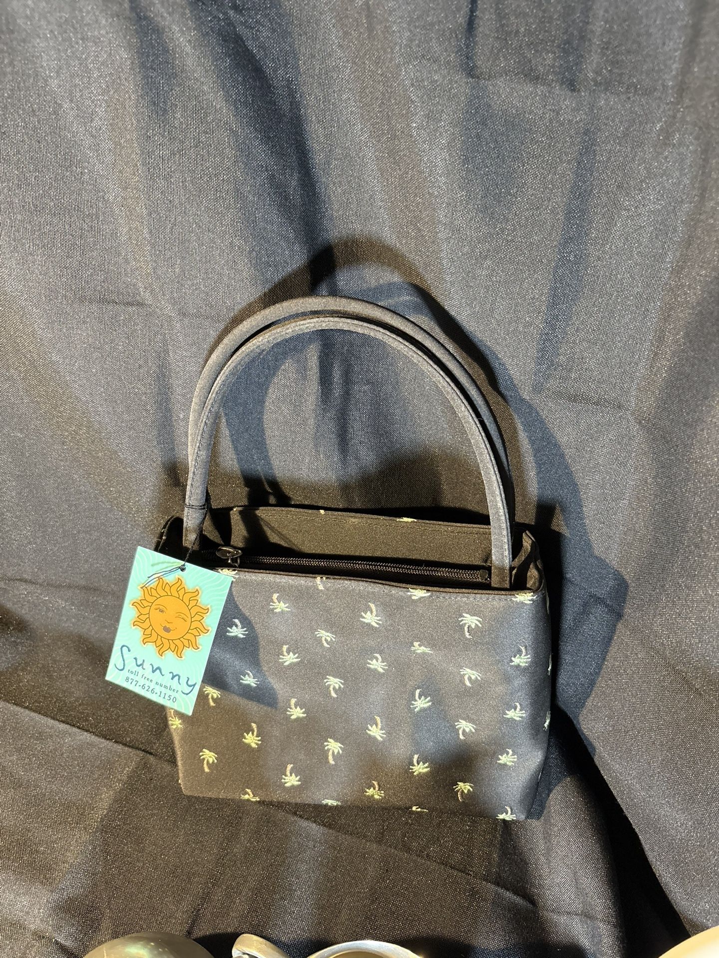 Charming Black Palm Tree Print Mini Handbag Top Handle Zippered Pouch Small Bag