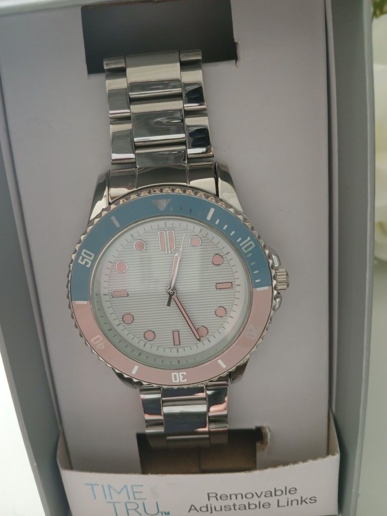 Time and Tru Silver and Blue/Pink Analog Watch