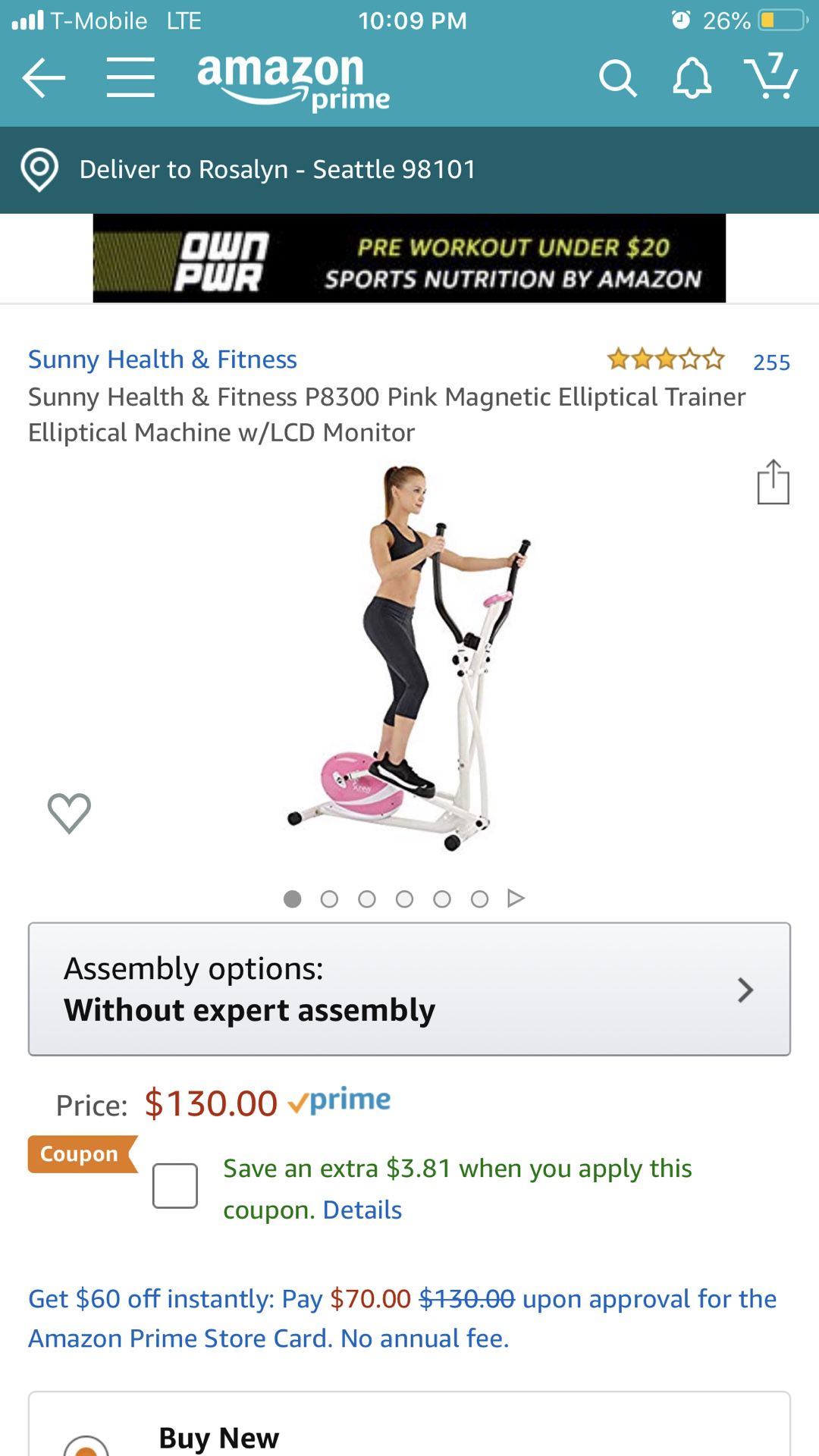 sunny health and fitness pink elliptical PICKUP ONLY