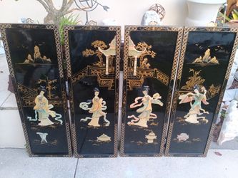 Vintage Asian Black Lacquered/Mother Of Pearl Wall Art
