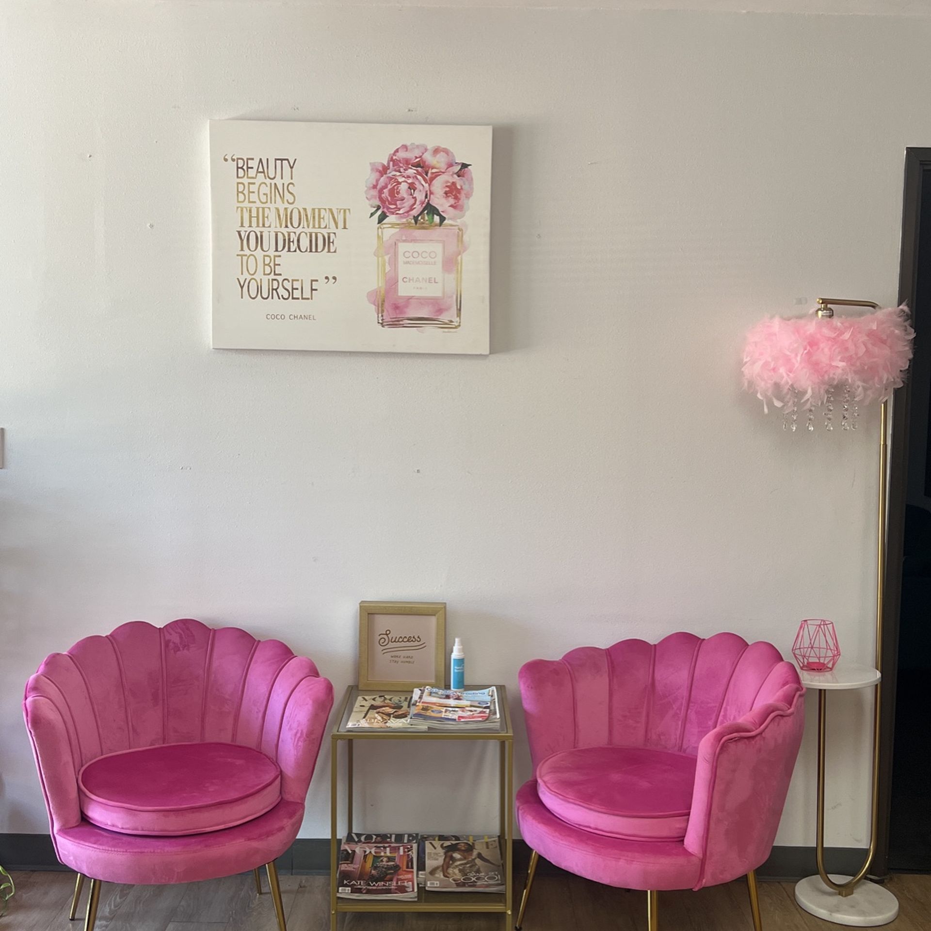 Two Hot Pink SeaShells Sofa Chairs, Chanel Frame and Lamp