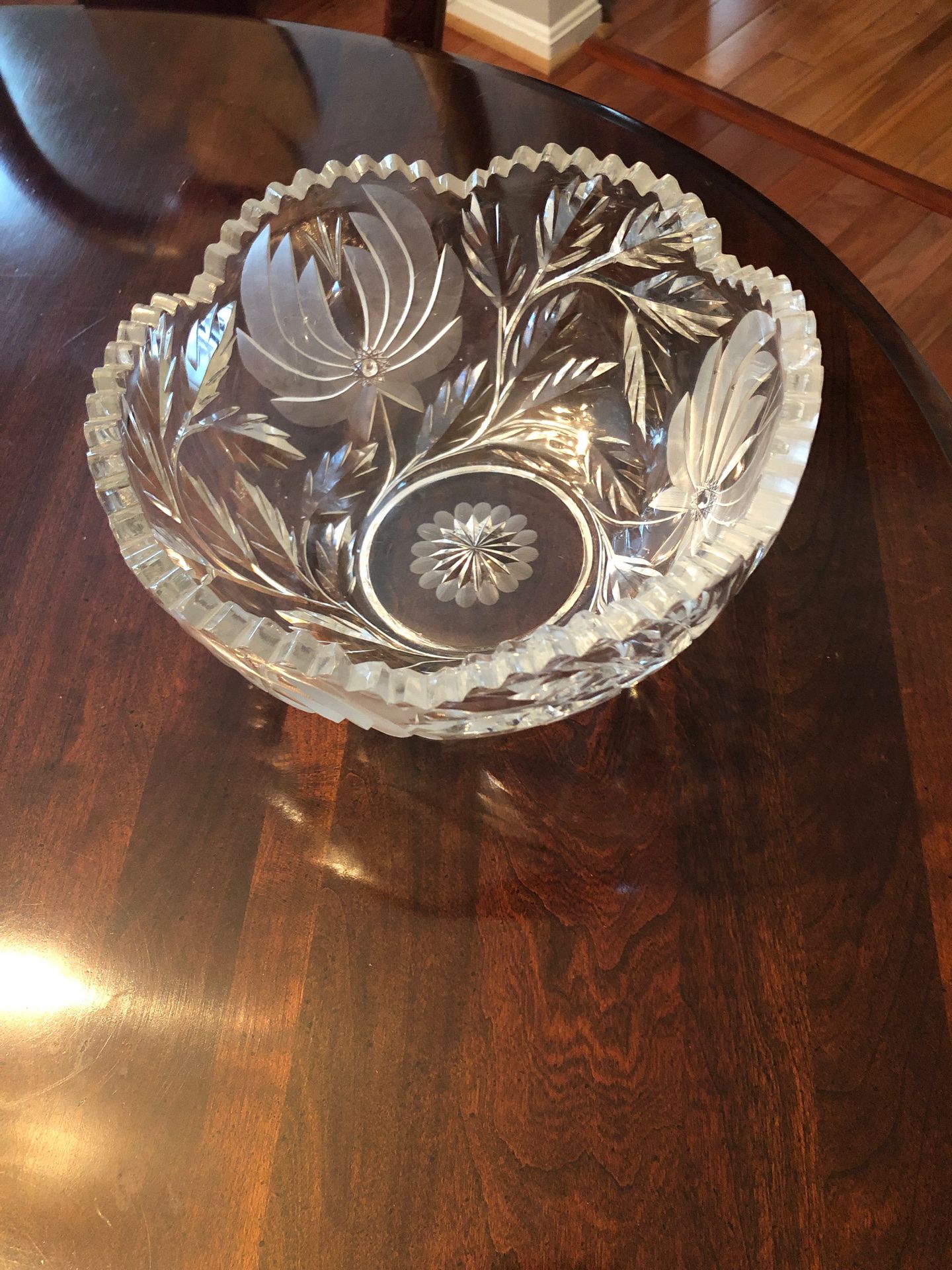 Crystal Bowl - heavy with detailed carvings- 9” wide- $16