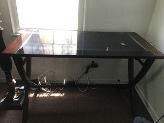 Glass/wooden desk with (pullout keyboard tray)