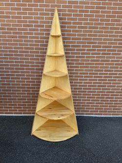 7ft wooden Christmas tree corner shelf ,christmas village display only. Bare shelf no ornaments.