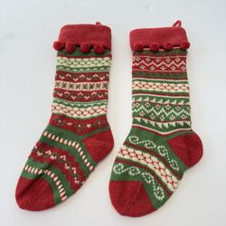 Lot Of 2 Fair Isle Red Green White Sweater 19" Christmas Stockings Festive