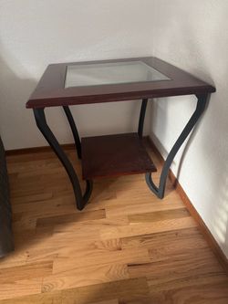 Wood and Metal End Tables (2) with Glass Top
