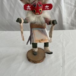 Hopi Kachina Doll Dancing Silent Warrior 7" tall Feathers Wool Suede Wood Signed