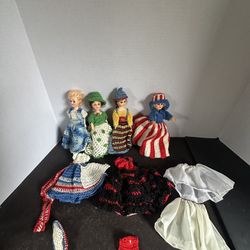 Vintage 8 Inch Hard Plastic Dolls Lot of 4 Handmade Crochet Clothes