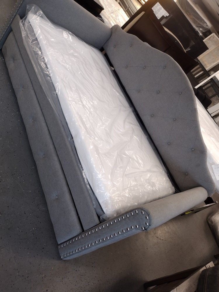 Grey Upholstery Twin Day Bed With Trundle And Two  Mattress