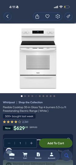 New! Whirlpool 4 Burner Glass Electric Top Range/Stove
