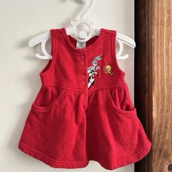 Vintage Warner Bros. Red baby dress Sz 6M Bunny Tweety Bird 100% Cotton 13” Leng