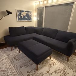 Midcentury Blue Sectional Couch and Ottoman