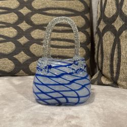 Vintage Blown Art Glass Blue Stripe Handbag Purse Vase