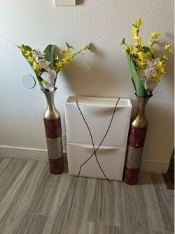 Two-Piece Metal Floor Vase with Flowers